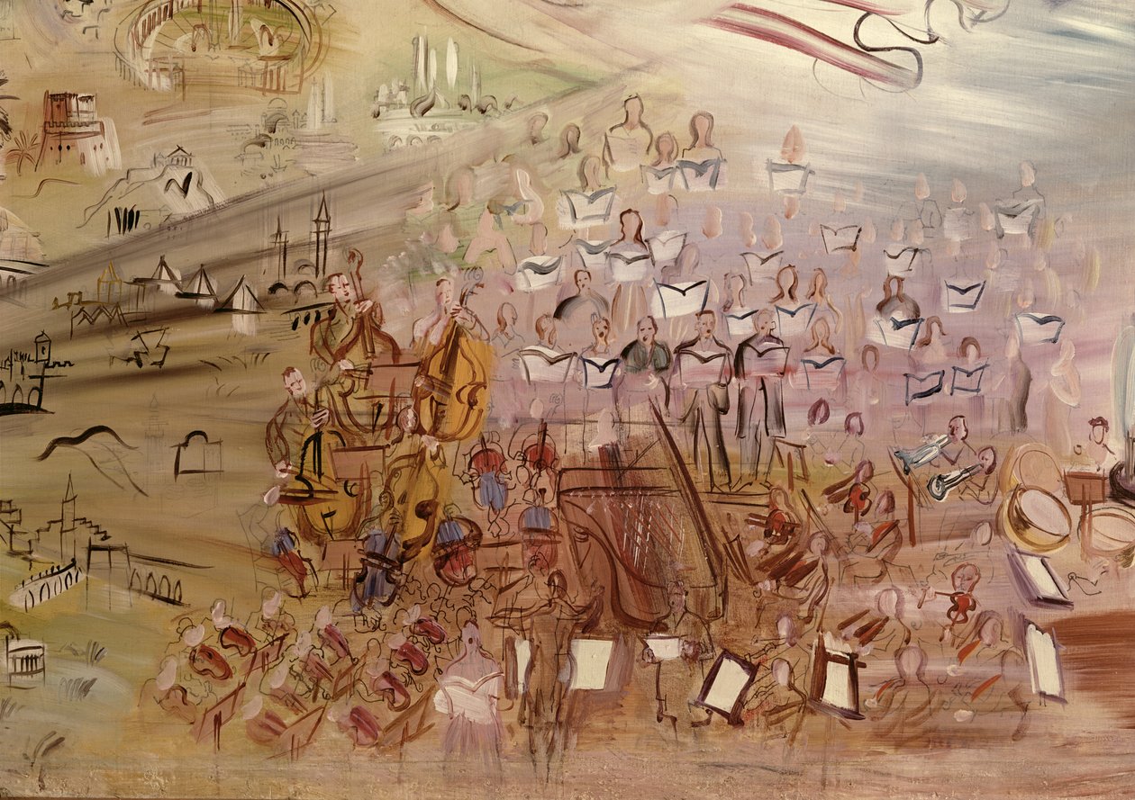 The Story of Electricity (Sähkön tarina), työhuone La Fee Electricite -elokuvaa varten, yksityiskohta orkesteria kuvaavasta vasemmasta osasta. tekijältä Raoul Dufy