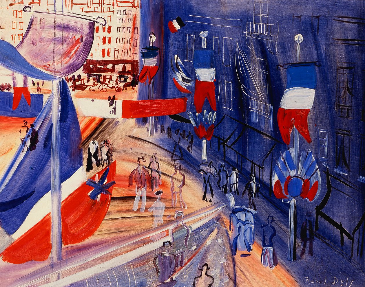 Amerikkalaisten lippujen täyttämä katu; La rue Pavoisee a la Banniere Americaine, n.1930 (öljy kovalle kartongille) tekijältä Raoul Dufy