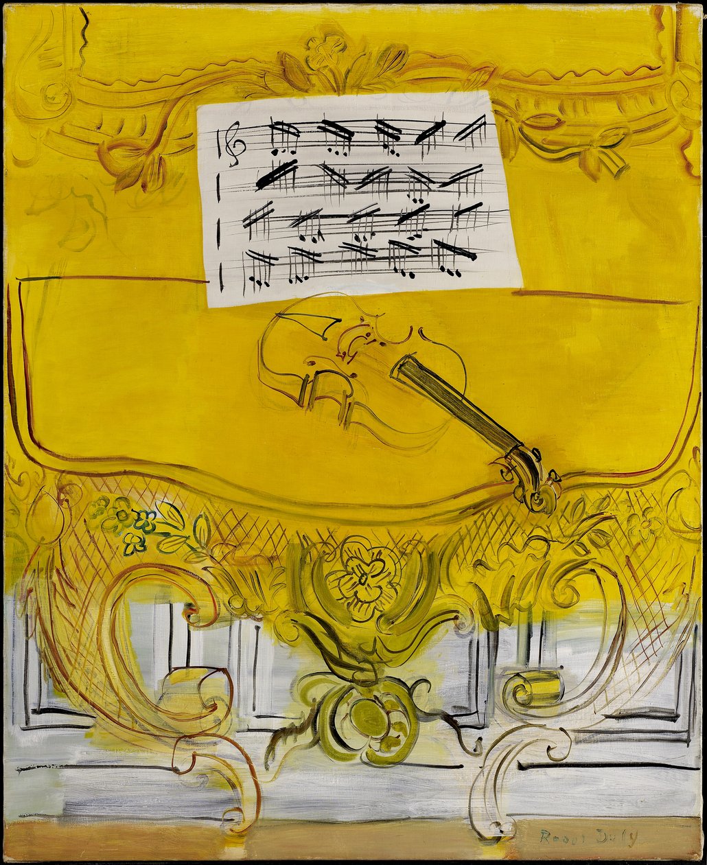 Keltainen konsoli, jossa on viulu tekijältä Raoul Dufy