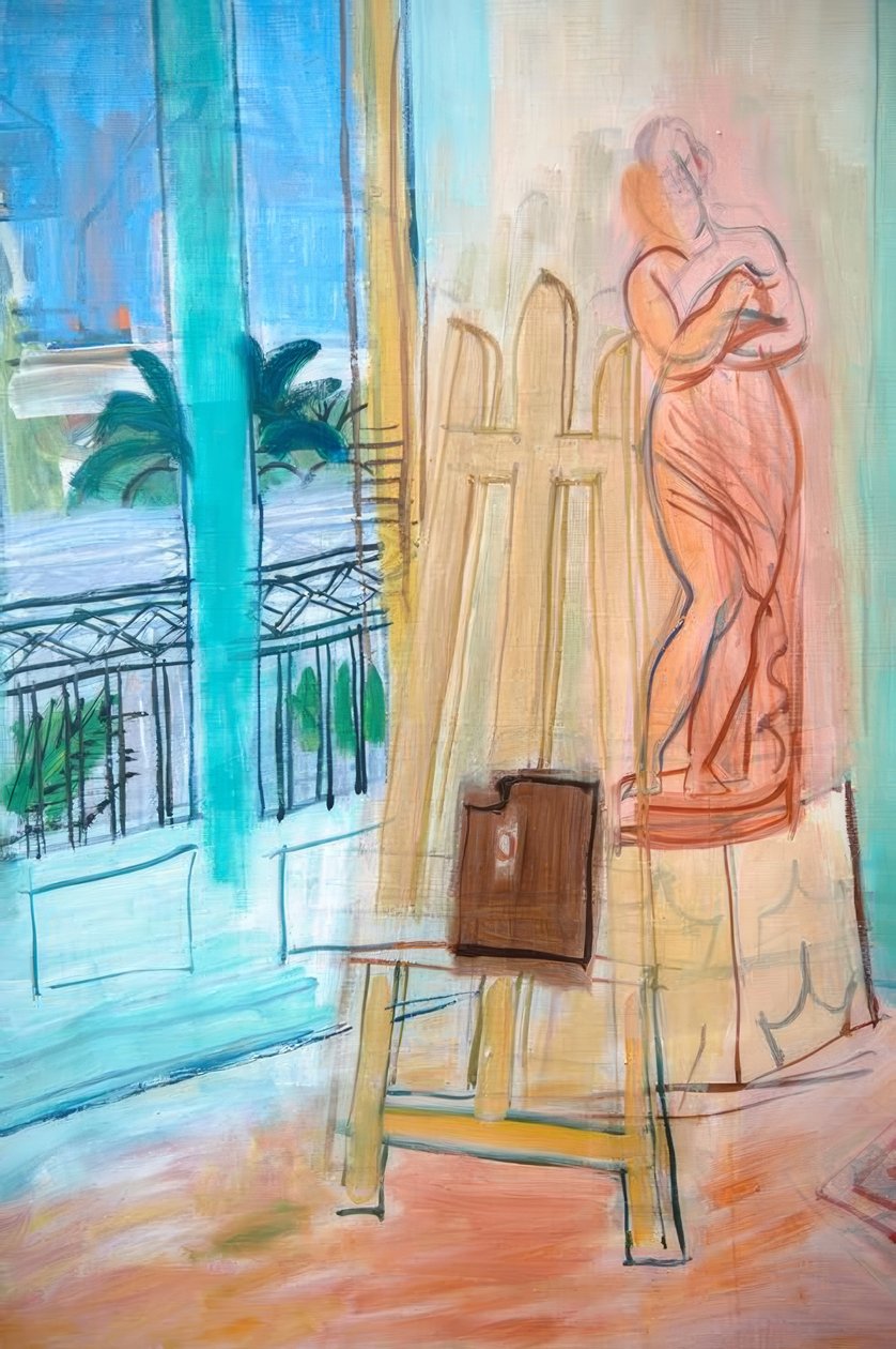 Taidemaalarin ateljee, jossa on punainen veistos tekijältä Raoul Dufy