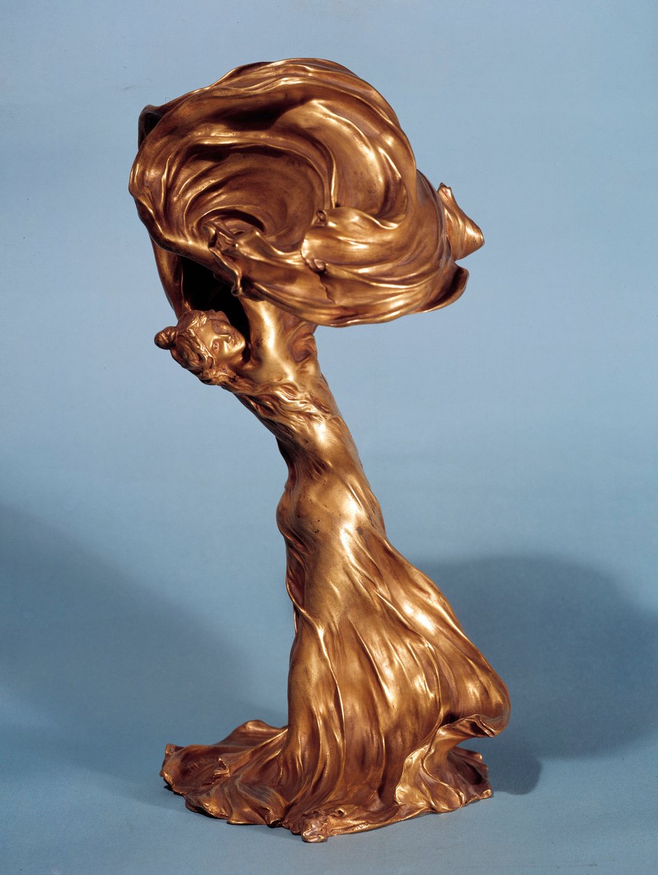 Lampunjalka, joka edustaa amerikkalaista tanssijaa Loie Fulleria (1862-1928), jonka on valmistanut Francois Raoul Larche (1860-1912) 1900 Pariisi, koristetaide tekijältä Raoul Francois Larche