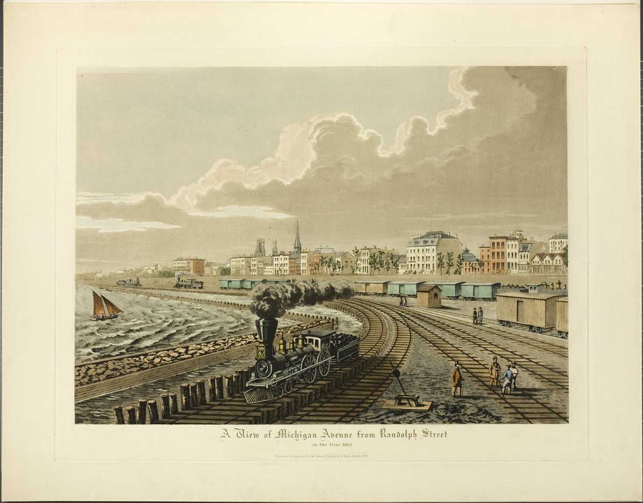 Näkymä Michigan Avenuelle Randolph Streetiltä vuonna 1865 tekijältä Raoul Varin