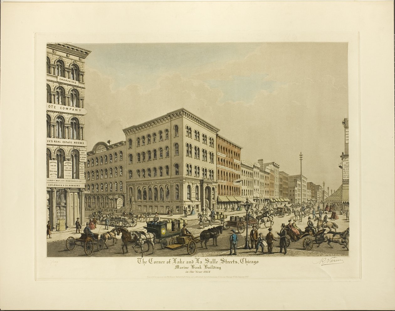 Corner of Lake ja La Salle Streets, Chicago, Marine Bank Building vuonna 1864 tekijältä Raoul Varin