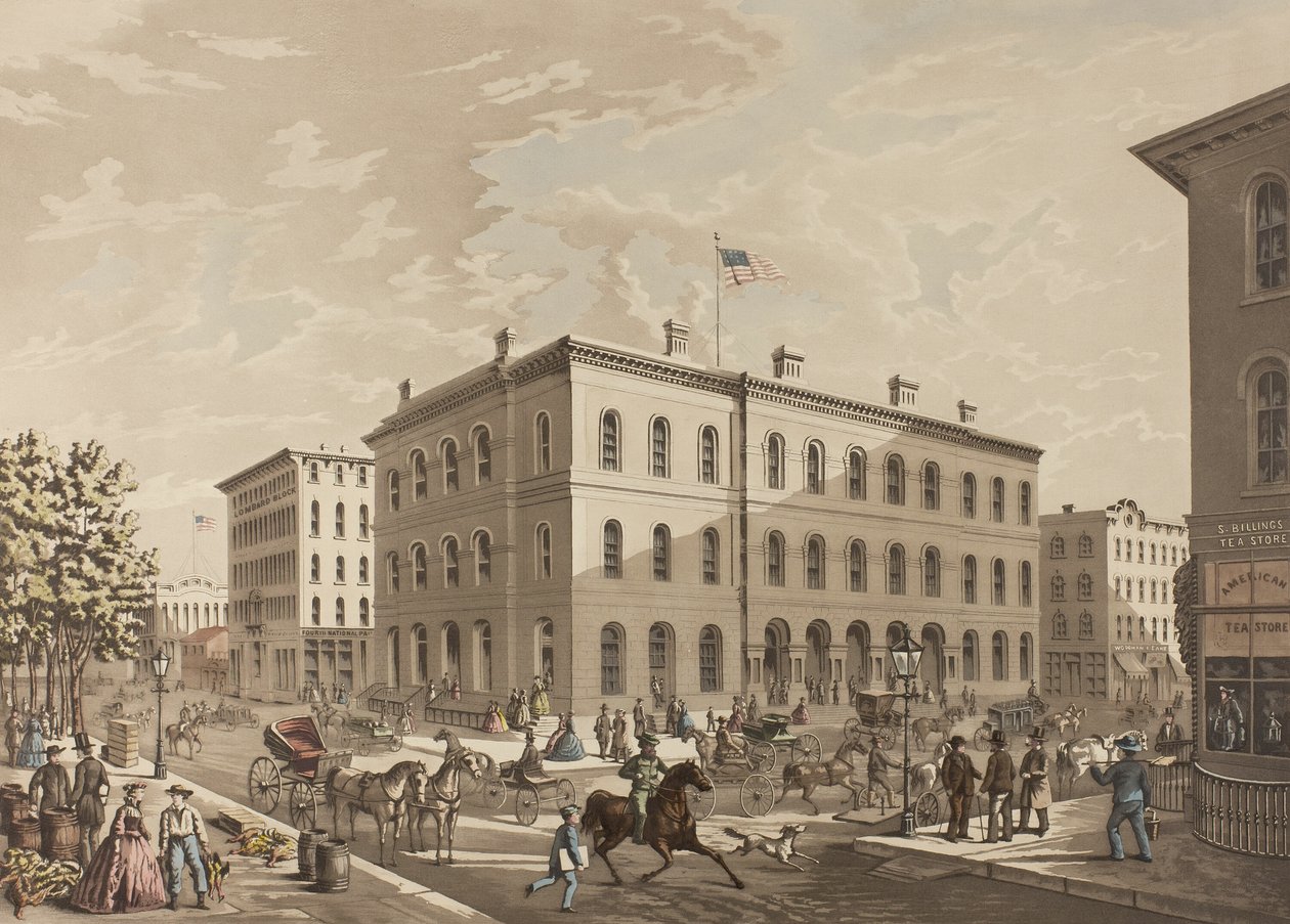 N.W. Chicagon Dearborn- ja Monroe Streetin kulma, jossa näkyy postirakennus vuonna 1865 tekijältä Raoul Varin