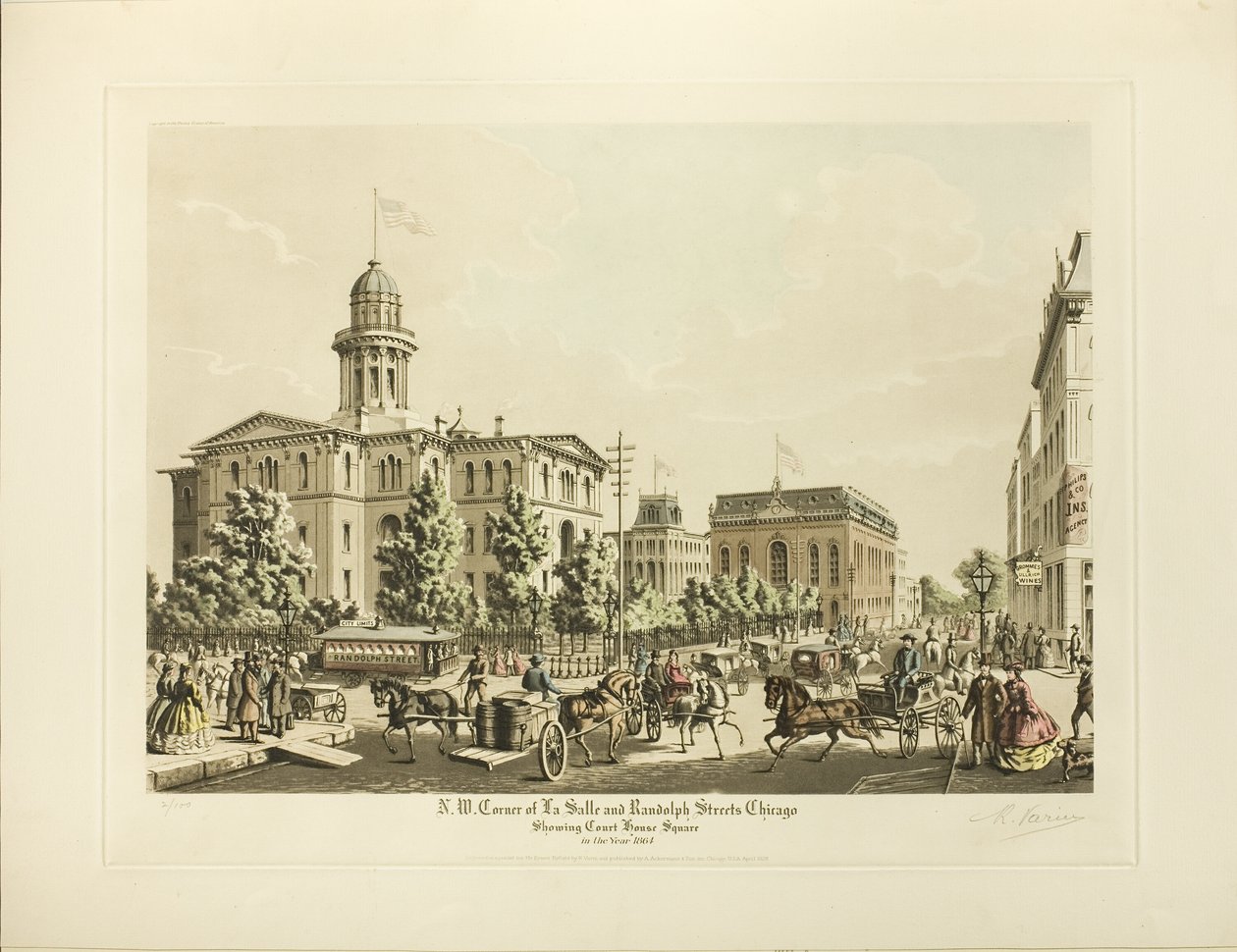 N. W. Corner of LaSalle ja Randolph, Chicago, näyttää Court House Squaren vuonna 1864 tekijältä Raoul Varin