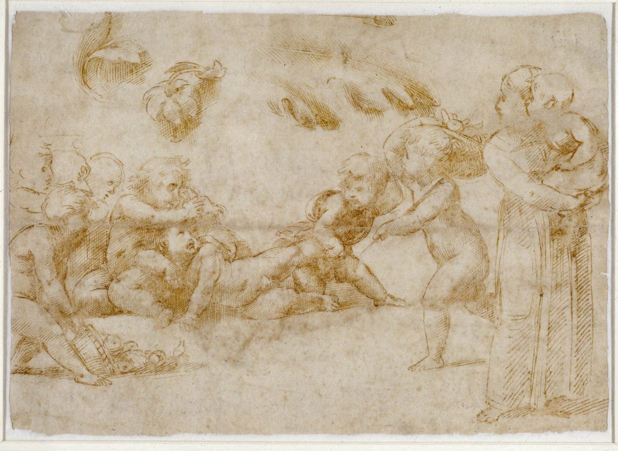 Amorini at Play (kynä ja ruskea muste luonnonvalkoiselle paperille) tekijältä Raffaello Sanzio Raphael