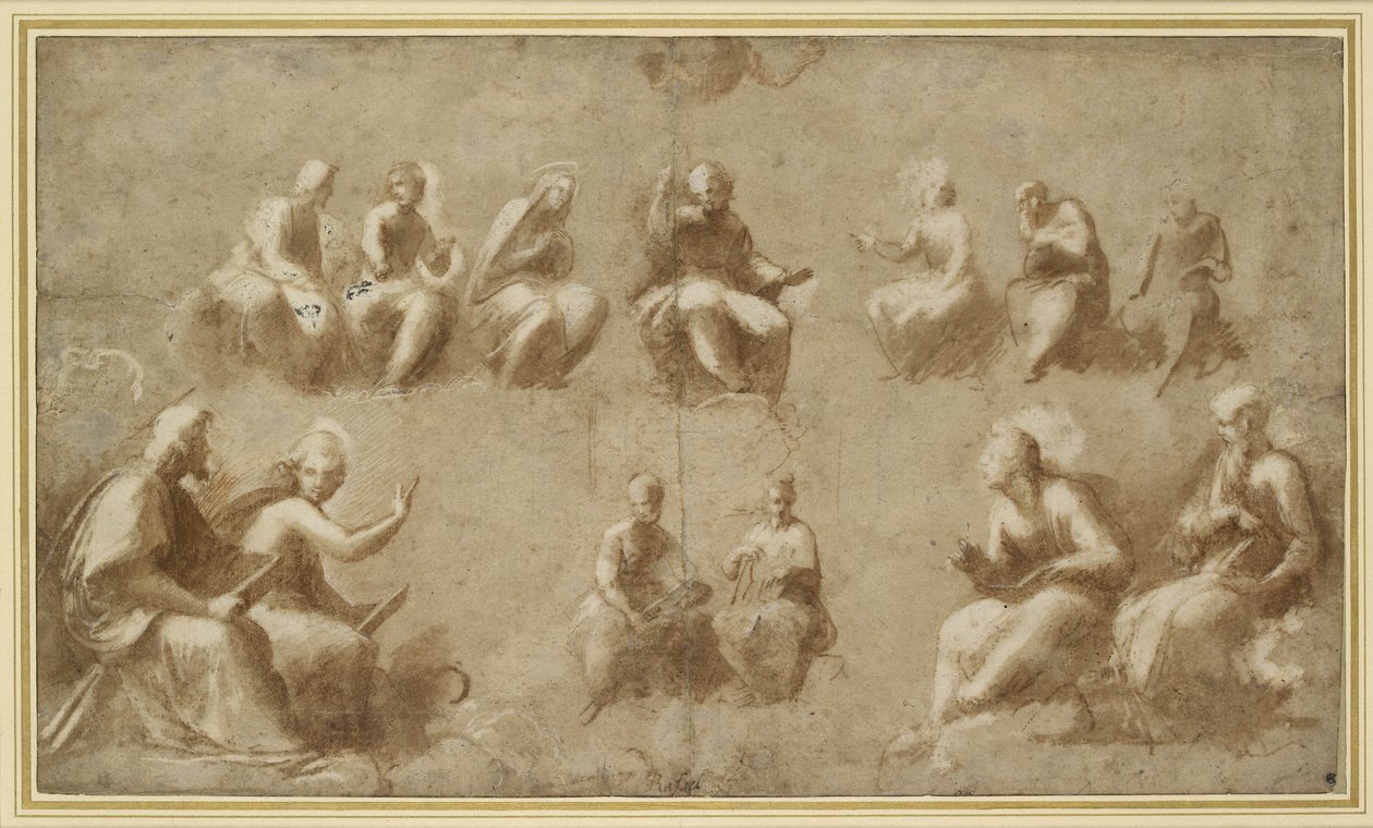 Christ and the Saints in Glory (Study for the Disputa) (sivellinpiirros ruskealla musteella) tekijältä Raffaello Sanzio Raphael
