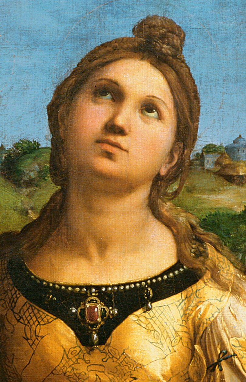 Yksityiskohta Pyhästä Ceciliasta, jota ympäröivät Pyhä Paavali, Pyhä Johannes Evankelista, Pyhä Augustinus ja Maria Magdaleena, n. 1513 tekijältä Raffaello Sanzio Raphael