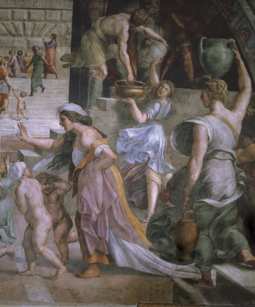 Yksityiskohta elokuvasta The Fire in the Borgo, Room of the Fire in the Borgo, 1514 tekijältä Raffaello Sanzio Raphael