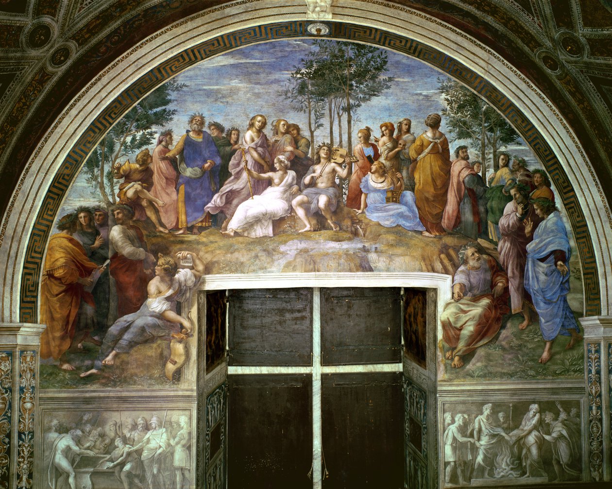 Parnassus, Stanza della Segnatura, 1510-11 (katso myös 16879) tekijältä Raffaello Sanzio Raphael