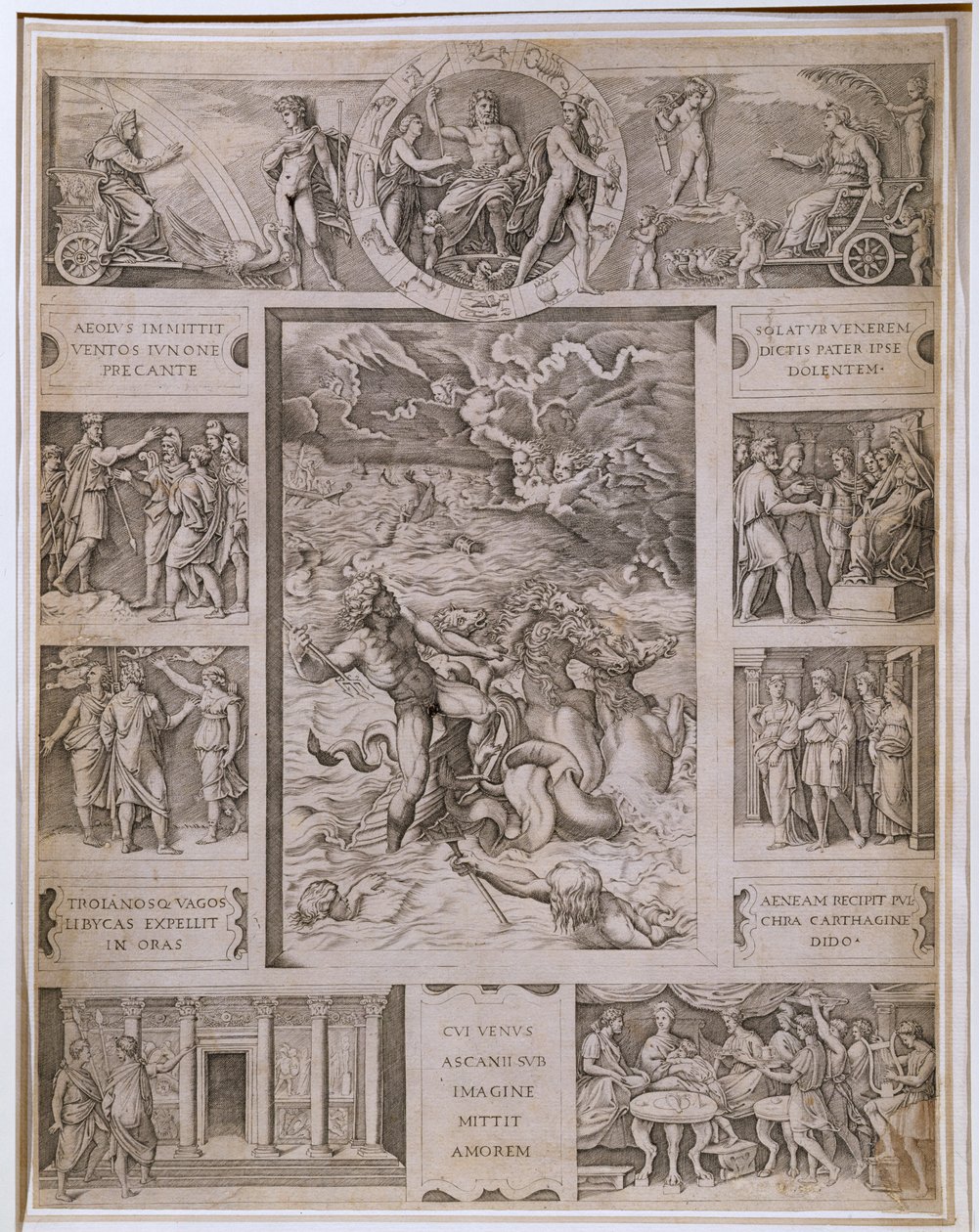 Quos Ego, Neptunus rauhoittaa myrskyn, reunoilla muita kohtauksia Vergiliuksen Aeneiksesta, kaiverrettu Marcantonio Raimondin (1480-1534) toimesta noin 1515-16. tekijältä Raffaello Sanzio Raphael