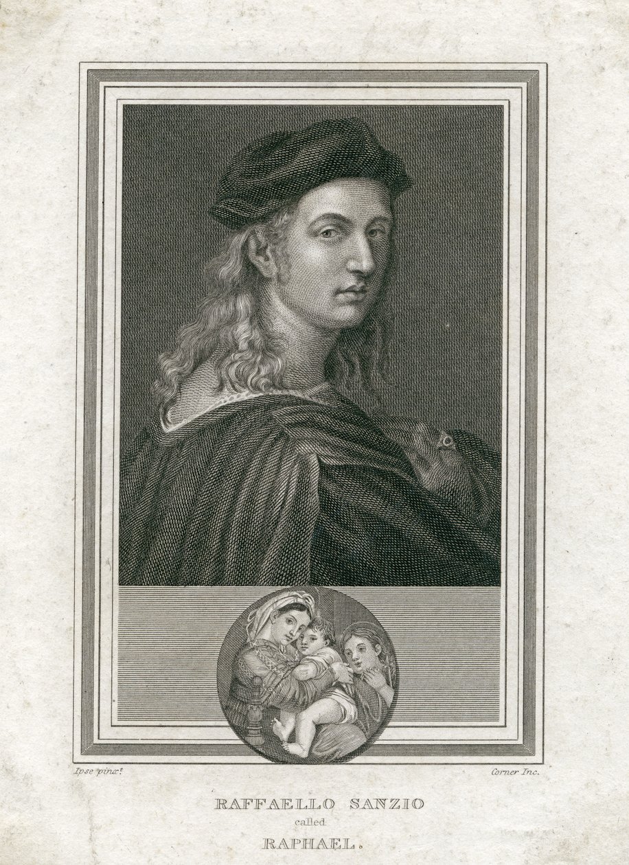 Raffaello Sanzio, nimeltään Raphael, kaiverrus Cornerin toimesta tekijältä Raffaello Sanzio Raphael