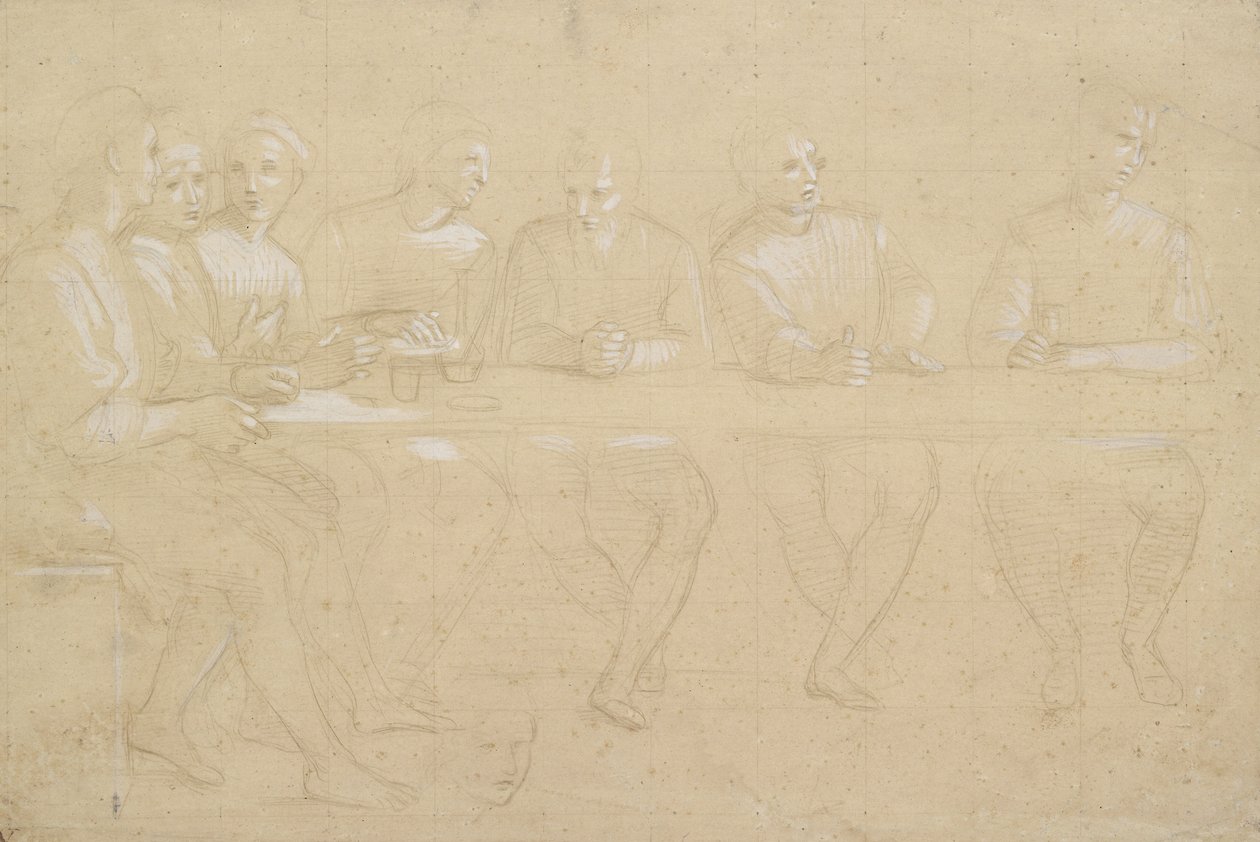 Recto: Osatutkimus viimeisen ehtoollisen sävellyksestä. Verso: naispää, WA1846.151 tekijältä Raffaello Sanzio Raphael