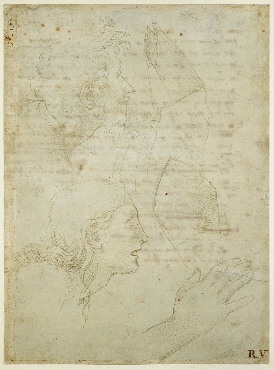 Recto: Pään ja käden tutkimukset. Verso: Karkea luonnos soneteista "Come non podde dir" ja "Amor tu m"envesscati", WA1846.187 tekijältä Raffaello Sanzio Raphael