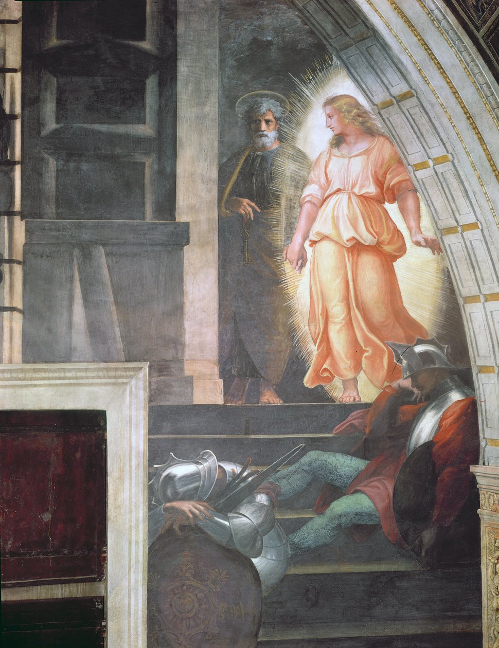 Pyhä Pietari pakenee enkelin kanssa, teoksesta "Pyhän Pietarin vapautuminen" Stanza di Eliodorossa, 1512-14 (yksityiskohta) (katso 135637-8) tekijältä Raffaello Sanzio Raphael