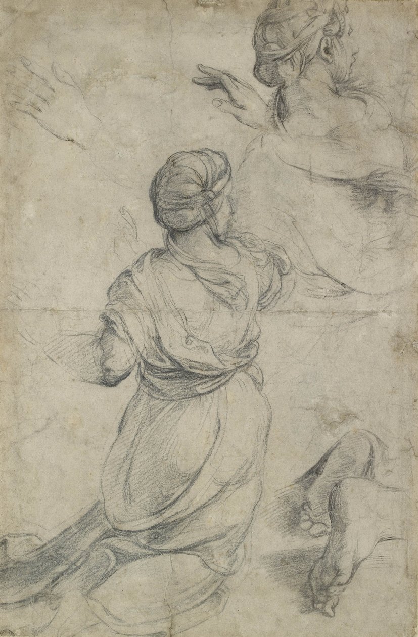 Tutkimukset kahdelle polvistuvalle naiselle (musta liitu) tekijältä Raffaello Sanzio Raphael