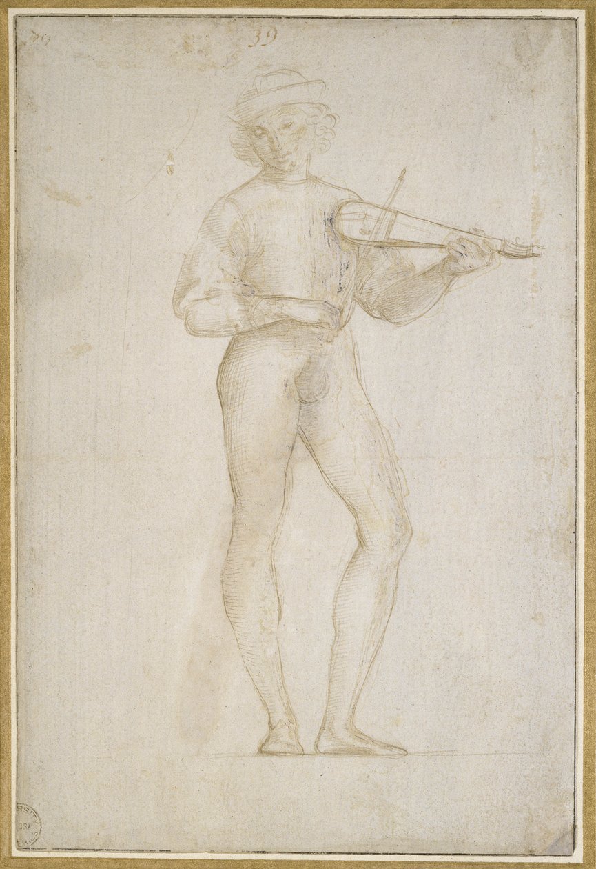 Tutkimus nuoresta musiikkia tekevästä miehestä (hopeakärki, korotettu vartalovärillä, vaalean kivenharmaalla esitteellä) tekijältä Raffaello Sanzio Raphael