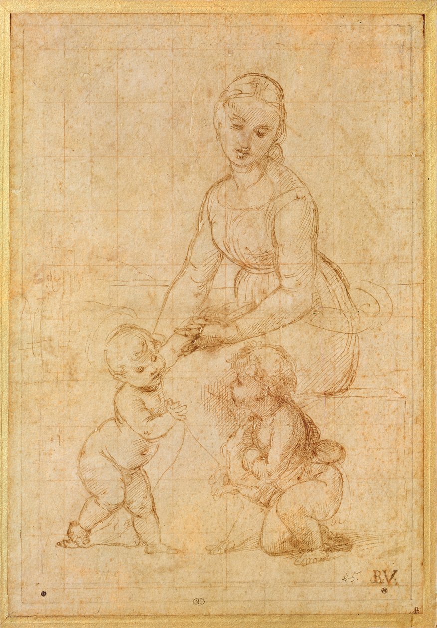 Neitsyttutkimus kappaleeseen "La Belle Jardini ère" tai Madonna ja lapsi Pyhän Johannes Kastajan kanssa (muste paperille) tekijältä Raffaello Sanzio Raphael