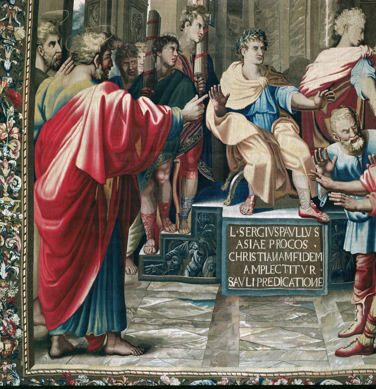 Apostolien tekoja kuvaava kuvakudos. Pyhän Paavalin ja roomalaisen prokonsulin Sergius Pauluksen yksityiskohta Elymasin sokeudesta, kudottu Beauvais Workshopissa Philippe Behaglen johdolla tekijältä Raffaello Sanzio Raphael