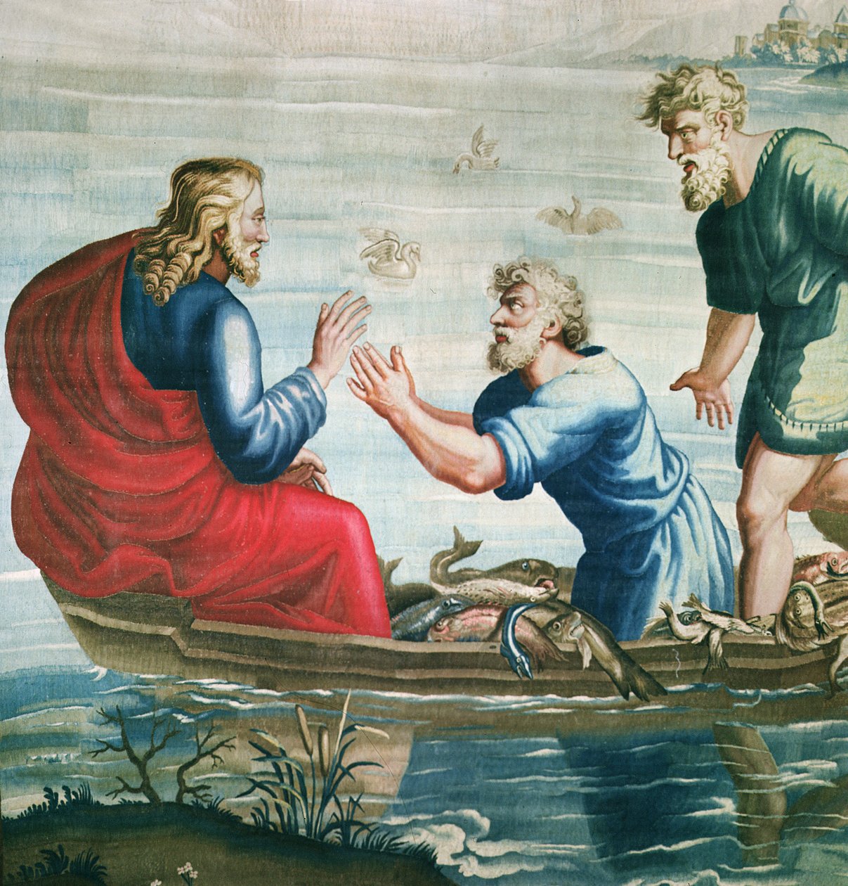 Apostolien tekoja kuvaava kuvakudos, Ihmeellinen kalasaalis -yksityiskohta Kristuksesta ja Pyhästä Pietarista polvistumassa, kudottu Beauvais Workshopissa Philippe Behaglen johdolla 1641-1705, 1 tekijältä Raffaello Sanzio Raphael
