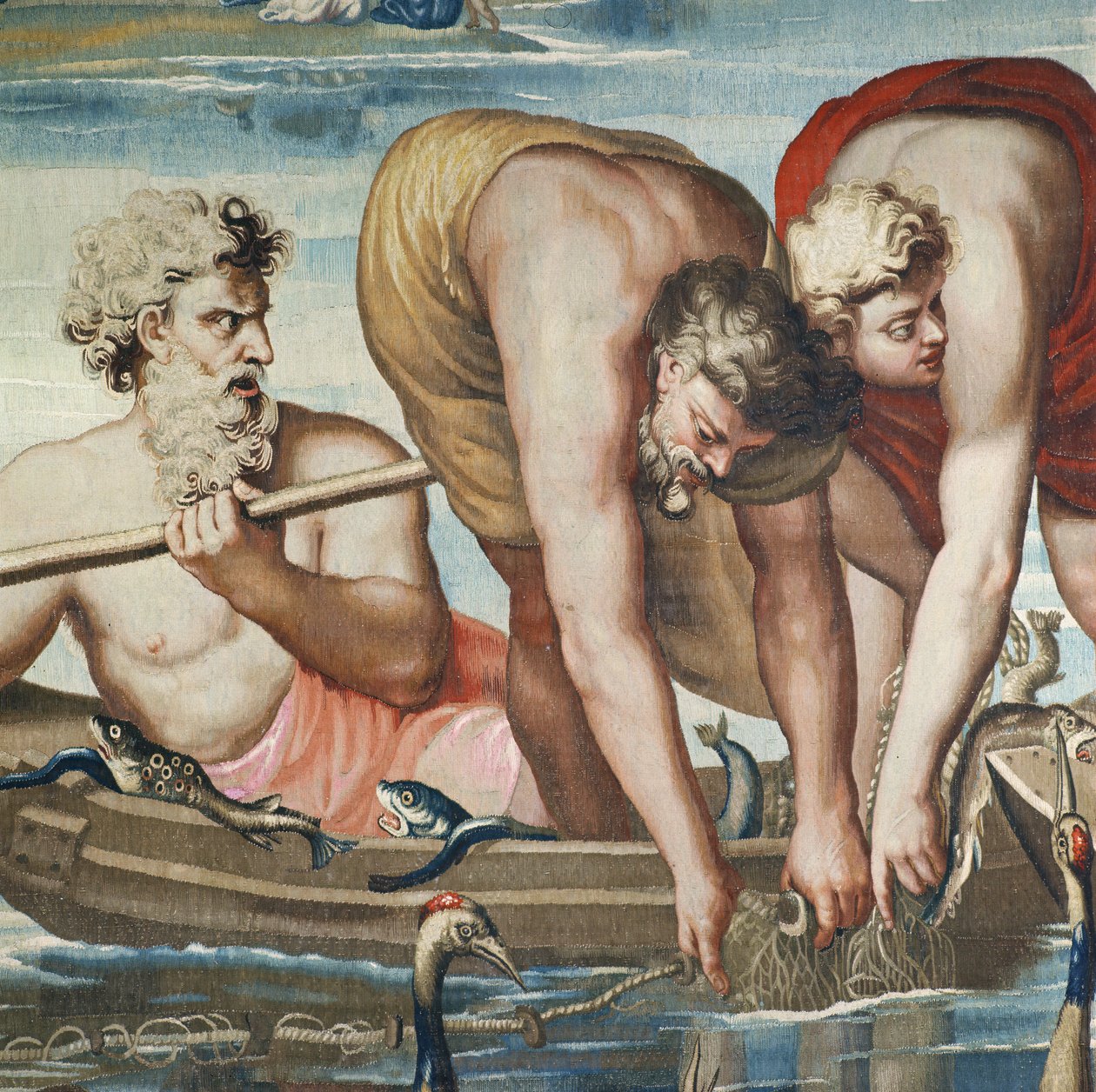 Apostolien tekoja kuvaava kuvakudos, Ihmeellinen kalasaalis, yksityiskohta kalastajista, jotka asentavat verkkoaan, kudottu Beauvais Workshopissa Philippe Behaglen johdolla 1641-1705 tekijältä Raffaello Sanzio Raphael