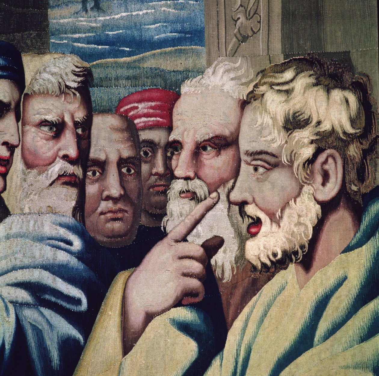 Apostolien tekoja kuvaava kuvakudos, hämmästyneiden katsojien yksityiskohta Elymasin sokaisemisesta, kudottu Beauvais Workshopissa Philippe Behaglen johdolla 1641-1705, 1695-98 villanauha tekijältä Raffaello Sanzio Raphael