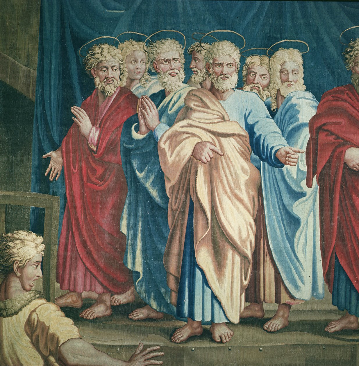 Apostolien tekoja, Pyhän Paavalin ja apostolien Ananiaksen kuolemaa kuvaava kuvakudos, kudottu Beauvais-työpajassa Philippe Behaglen johdolla 1641-1705, 1695-98 villaa tekijältä Raffaello Sanzio Raphael