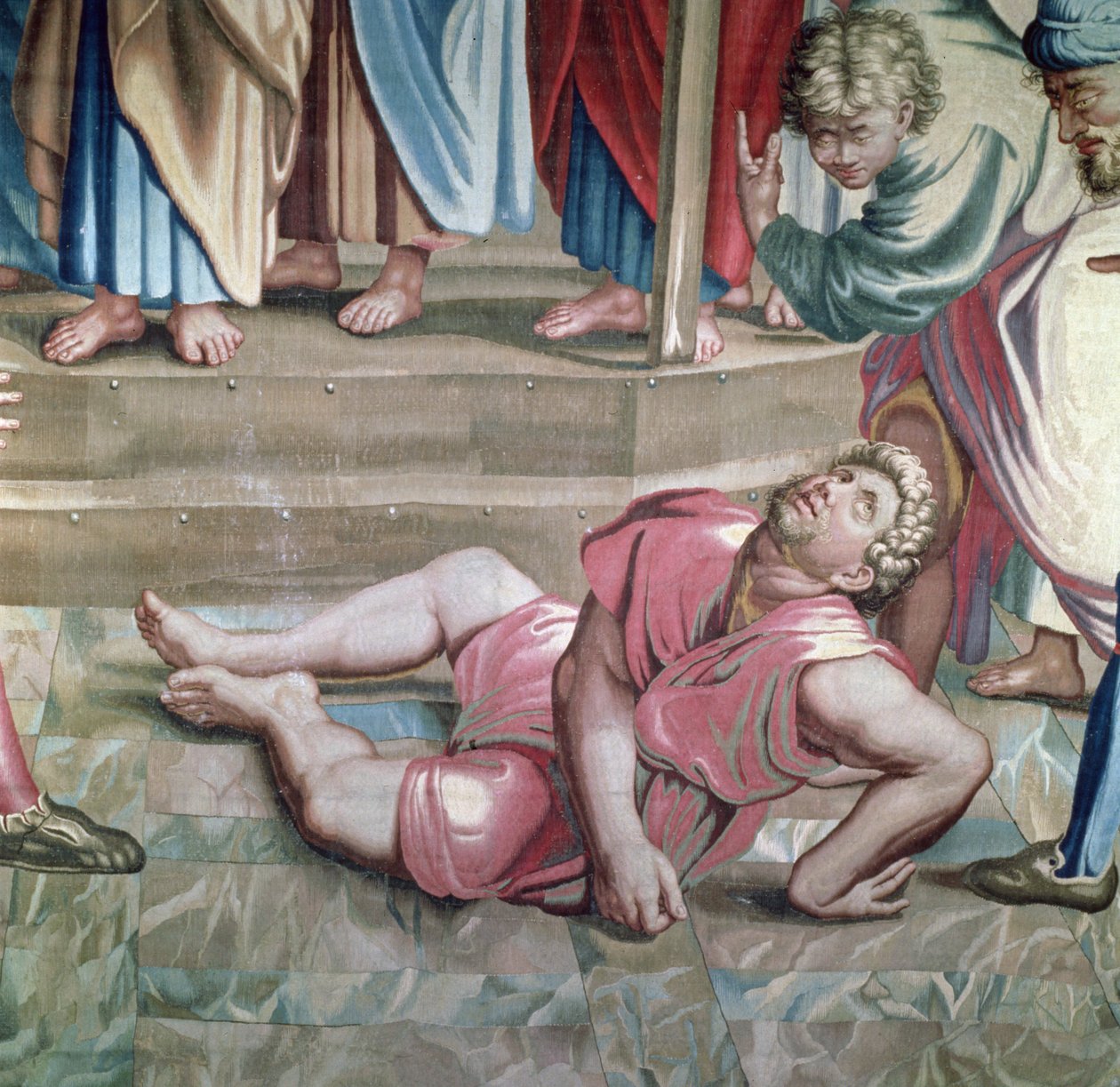Apostolien tekoja kuvaava kuvakudos, Ananiaksen kuoleman yksityiskohta Ananiaksen kuolemasta, kudottu Beauvais-työpajassa Philippe Behaglen johdolla 1641-1705, 1695-98 villakudos tekijältä Raffaello Sanzio Raphael