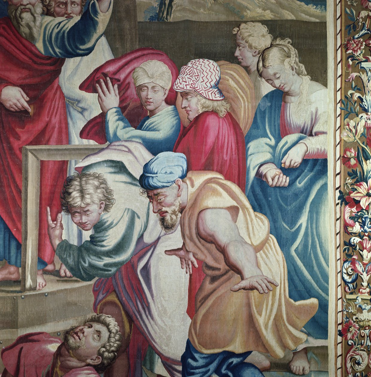 Apostolien tekoja kuvaava kuvakudos, Ananiaksen kuolema, yksityiskohta kauhistuneiden katsojien joukosta, kudottu Beauvais Workshopissa Philippe Behaglen johdolla 1641-1705, tekijältä Raffaello Sanzio Raphael