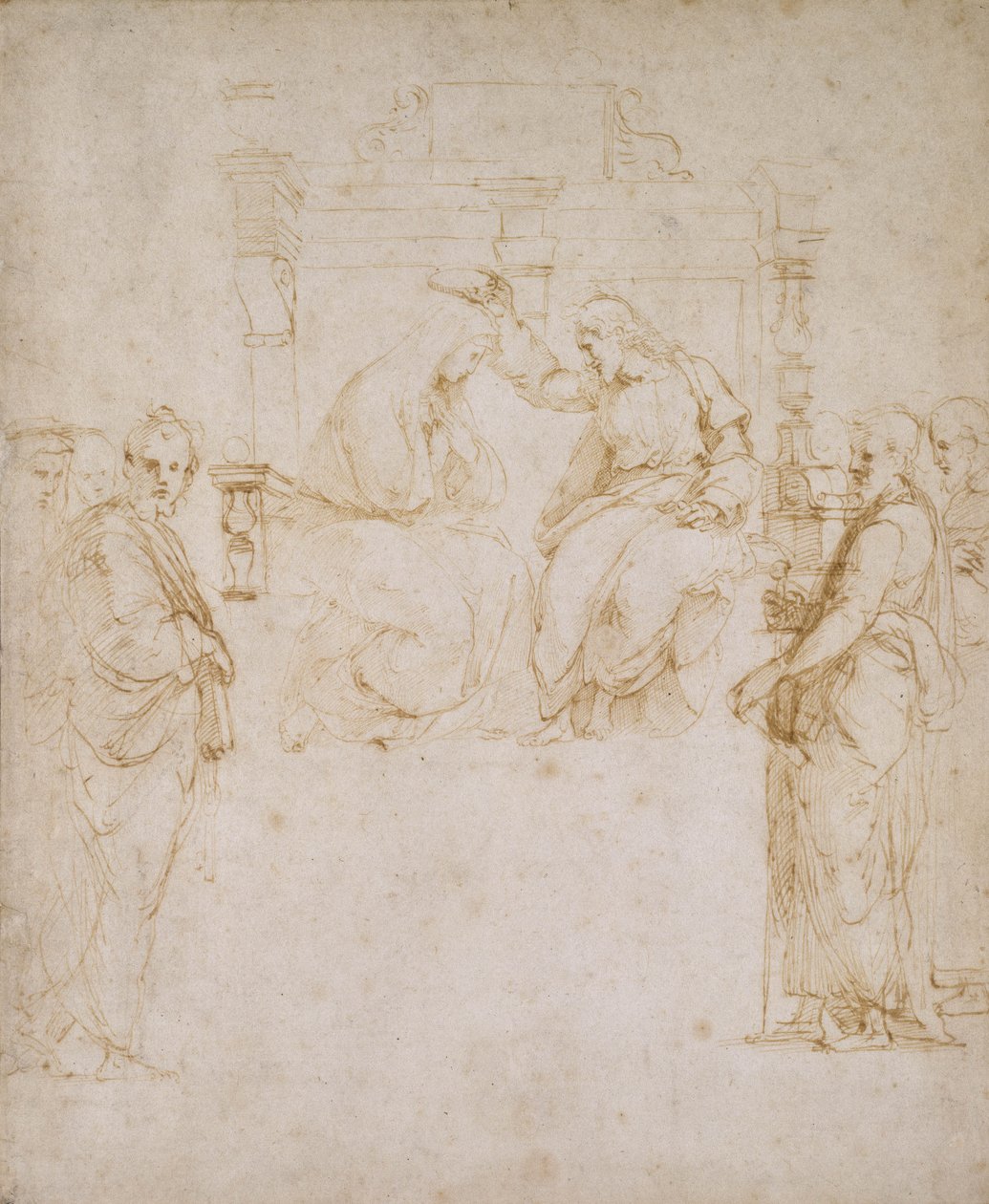 Neitsyen kruunaus (kynä ja ruskea muste luonnonvalkoiselle paperille) tekijältä Raffaello Sanzio Raphael