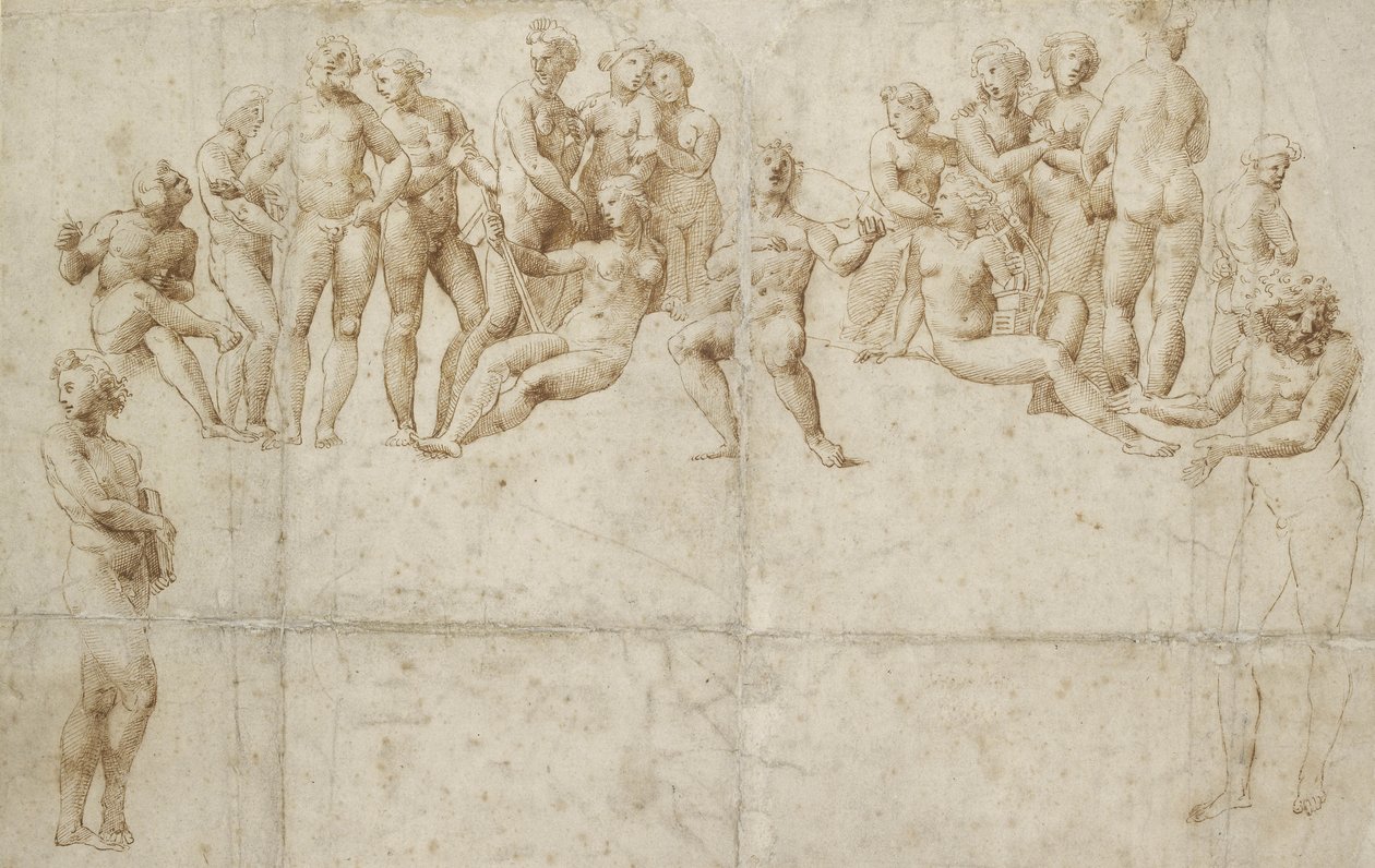 Parnassos, kopio Rafaelin mukaan (kynä ja ruskea muste mustalla liidulla valkoiselle paperille). tekijältä Raffaello Sanzio Raphael