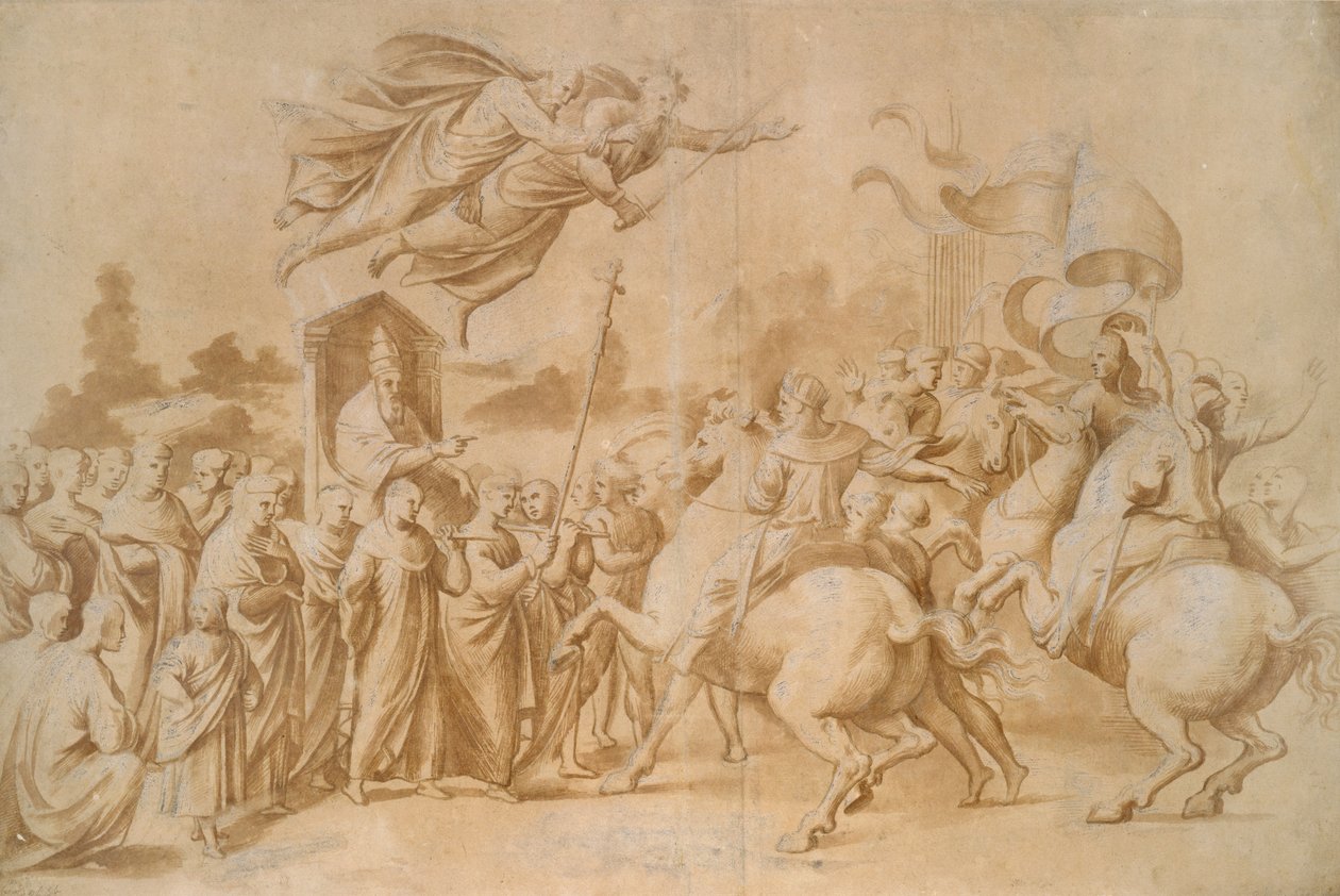 The Repulse of Attila (ruskea pesu, jota on korostettu guassilla paperille) tekijältä Raffaello Sanzio Raphael