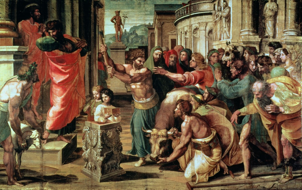 The Sacrifice at Lystra (sarjakuva Sikstuksen kappelille) (PRESTORATION) tekijältä Raffaello Sanzio Raphael