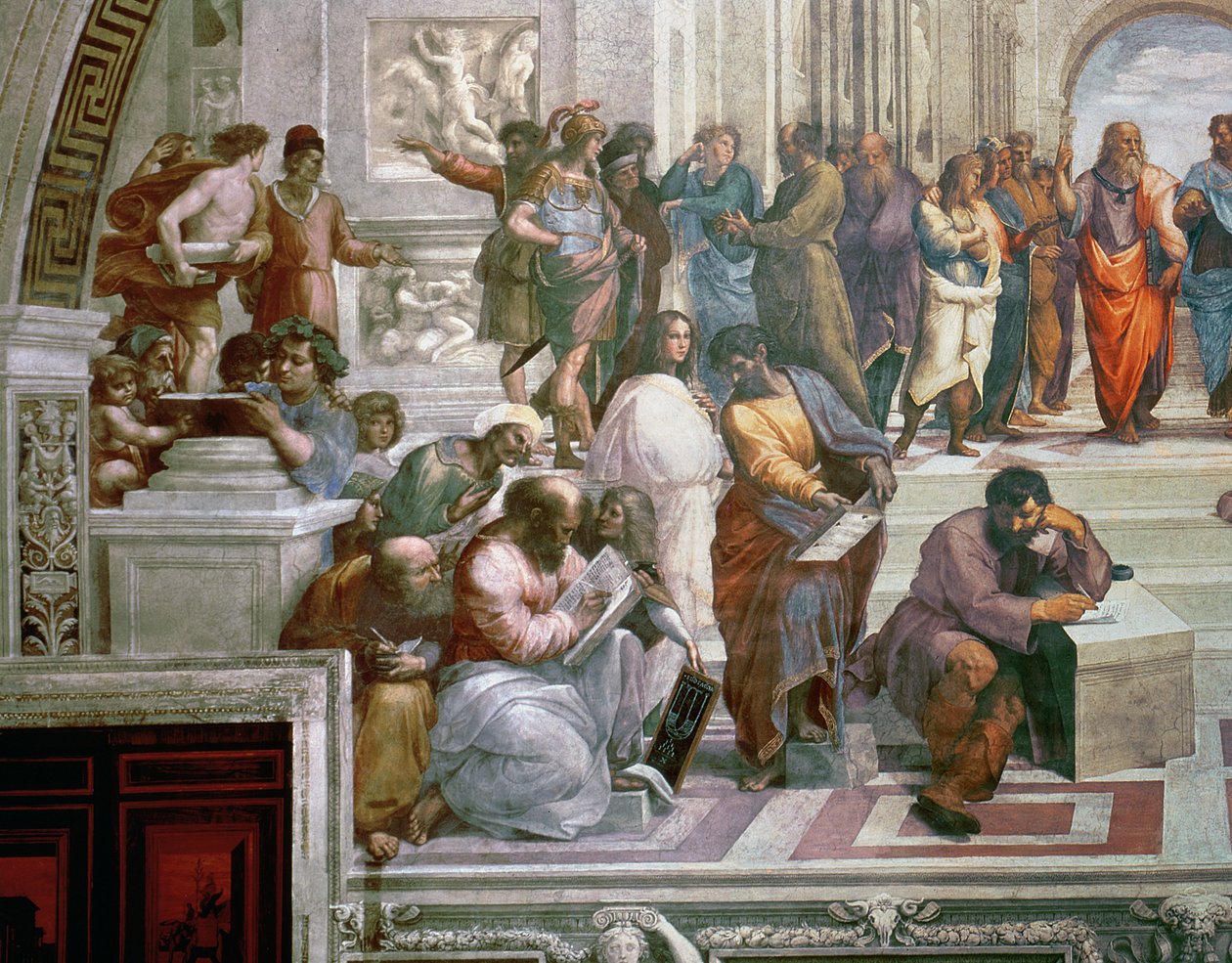 Ateenan koulu, yksityiskohta vasemmalta puolelta, jossa Pythagoras oppilaiden ja Michelangelon ympäröimänä, 1510-11, fresko, yksityiskohta 472:sta tekijältä Raffaello Sanzio Raphael