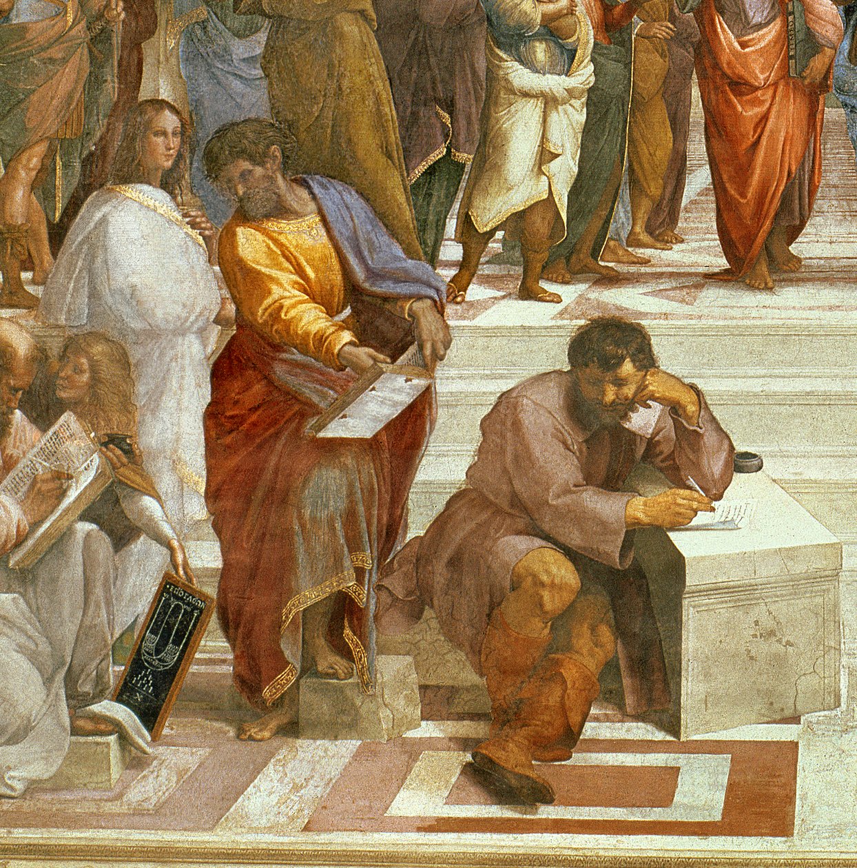 Ateenan koulu, yksityiskohta hahmoista vasemmalla, 1510-11 freskon yksityiskohta numerosta 87597 tekijältä Raffaello Sanzio Raphael