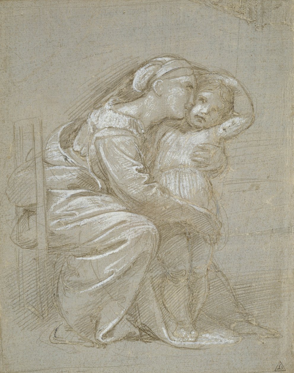 Neitsyt ja lapsi (hopeakärki, korotettu valkoisella vartalovärillä liuskekivenharmaalla valmisteella) tekijältä Raffaello Sanzio Raphael