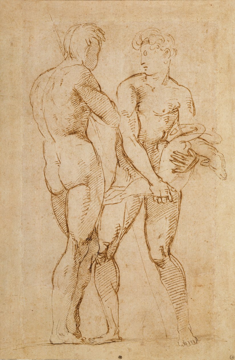 Kaksi alastonmiestä seisomassa, toisella kädessään lammas tekijältä Raffaello Sanzio Raphael