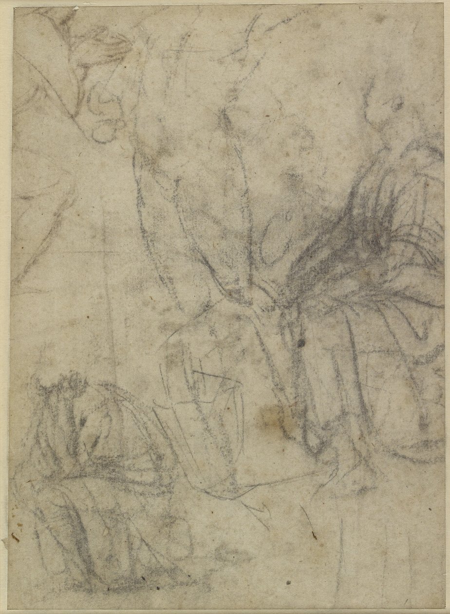 Verso: Karkeat luonnokset polvistuvista hahmoista, WA1846.174 tekijältä Raffaello Sanzio Raphael