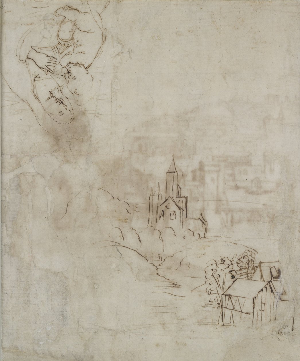 Verso: Pieni luonnos Neitsyestä, joka imee Kristus-lapsia, ja toinen maisemasta Pala Colonnalle, WA1846.10 tekijältä Raffaello Sanzio Raphael