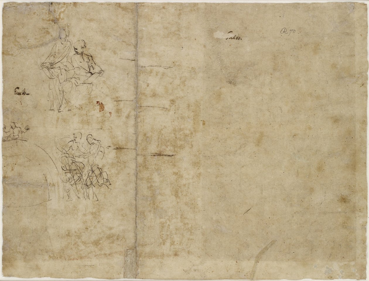 Rev: Kaksi luonnosta figuurista, sävellysluonnos Chigi-kappelille, Santa Maria della Pace, WA1846.194 tekijältä Raffaello Sanzio Raphael