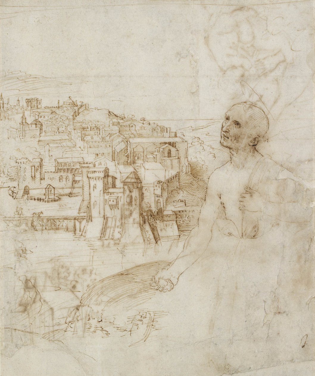 Näkymä Perugian kaupunkiin, katuva Pyhä Hieronymus etualalla, 1504 (kynä ja ruskea muste valkoisella paperilla) tekijältä Raffaello Sanzio Raphael
