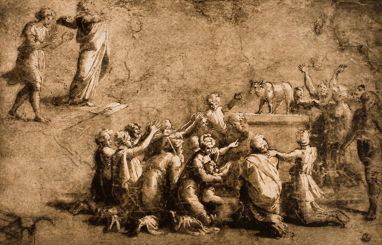 Kultaisen vasikan palvonta tai Mooses rikkoo lain taulukoita; piirustus Raphael. Gabinetto dei Disegni e delle Stampe, Uffizi-galleria, Firenze tekijältä Raffaello Sanzio Raphael