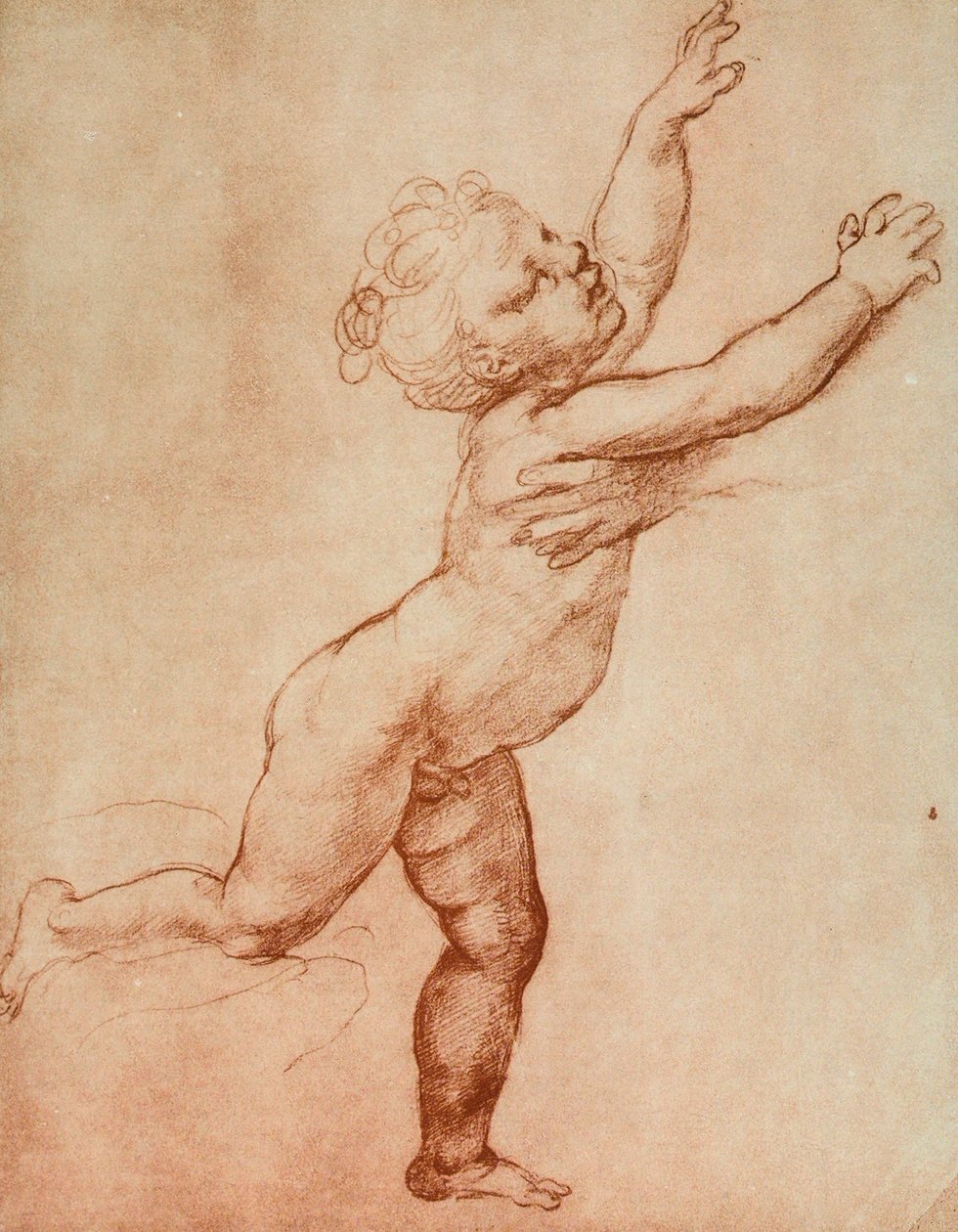 Piirros oikealle juoksevasta vauvasta, jossa häntä näyttää odottavan henkilö, josta voi nähdä vain käden. Raffaellon työ Uffizissa Piirustus- ja painohuoneessa Florencissa tekijältä Raffaello Sanzio Raphael
