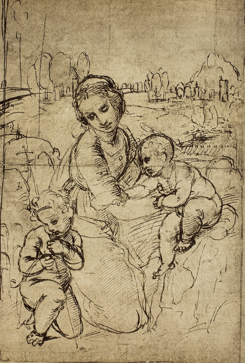 Madonna ja lapsi ja St. John (lapsi), piirustus Rafael. Piirustus- ja grafiikkakaappi, Uffizi-galleria, Firenze tekijältä Raffaello Sanzio Raphael
