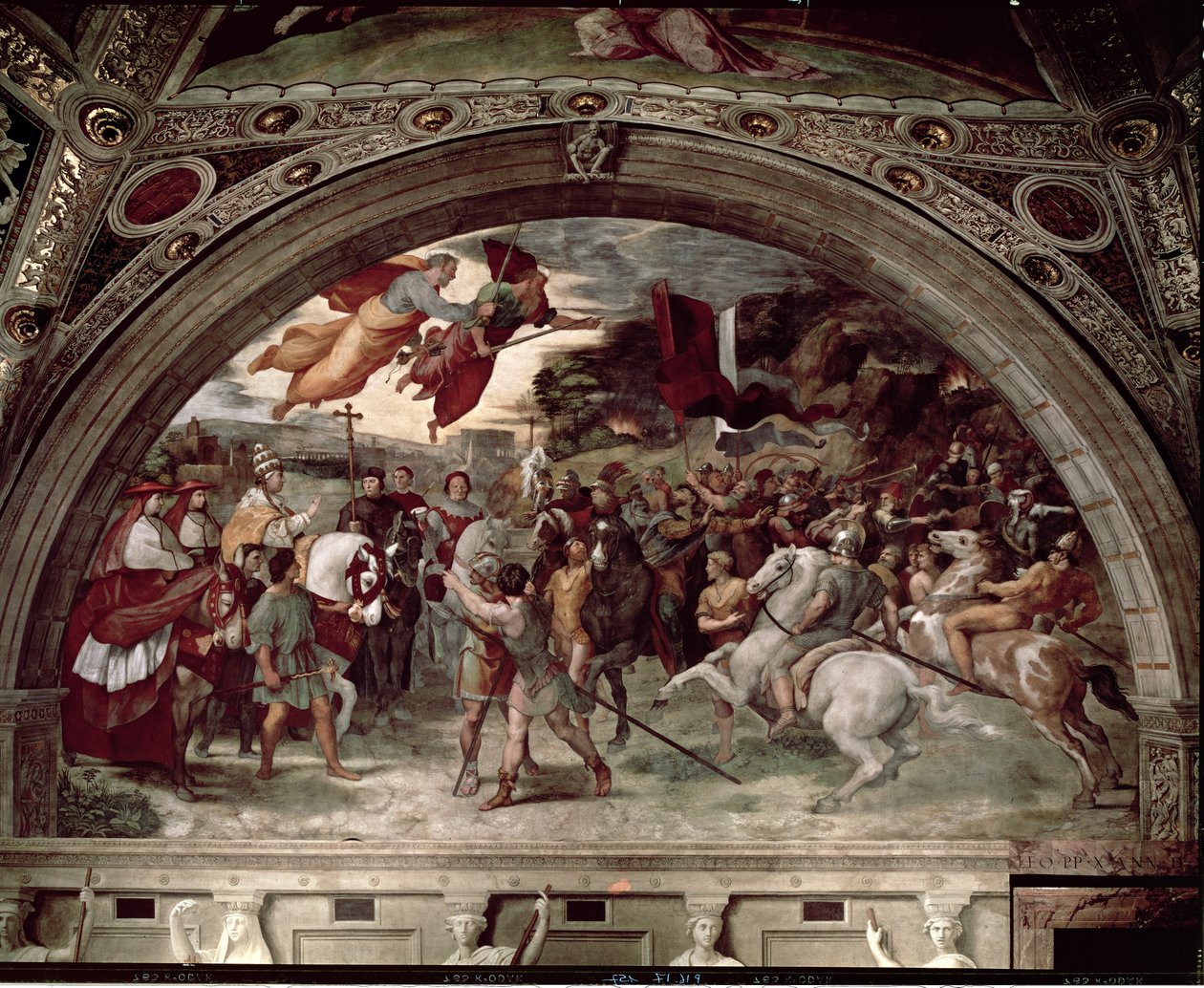Paavi Leo I (n. 390-461) Attilan torjuminen (n. 406-453) 1511-14 tekijältä Raffaello Sanzio Raphael