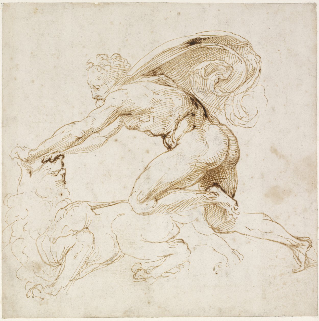 Recto: Hercules voitti Nemean leijonan, WA1846.181 (kynä ja ruskea muste sokean kynän päällä ja lyijyn tai liidun jälkiä) tekijältä Raffaello Sanzio Raphael