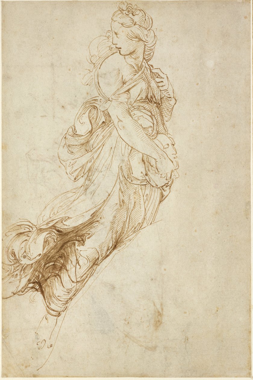 Recto: Study for the Figure of Melpomene, WA1846.182 (kynä ja ruskea muste sokean kynän päällä) tekijältä Raffaello Sanzio Raphael