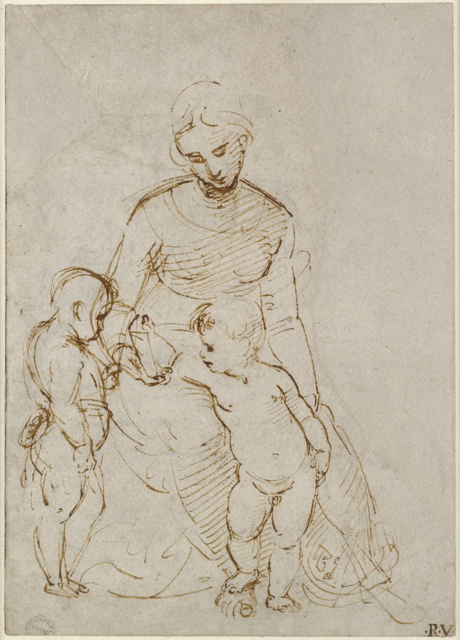 Recto: Neitsyt ja lapsi Pyhän Johanneksen kanssa (Madonna del Cardellino), WA1846.160 (kynä ja ruskea muste sokean kynän päällä, lyijyä tai liitua) tekijältä Raffaello Sanzio Raphael