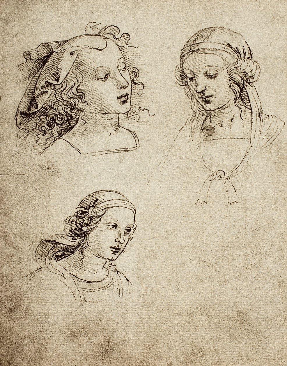 Tutkimus kolmelle naiselliselle päälle; piirustus Raphael. Gallerie dellAccademia di Venezia tekijältä Raffaello Sanzio Raphael