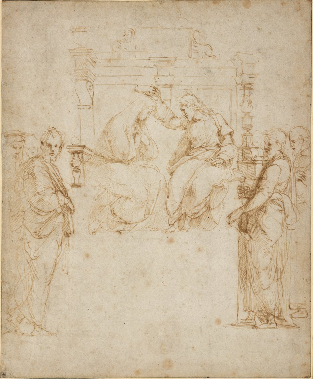 The Coronation of the Virgin, WA1846.206 (kynä ja ruskea muste sokean kynän päällä, arkin reunat mustalla musteella) tekijältä Raffaello Sanzio Raphael